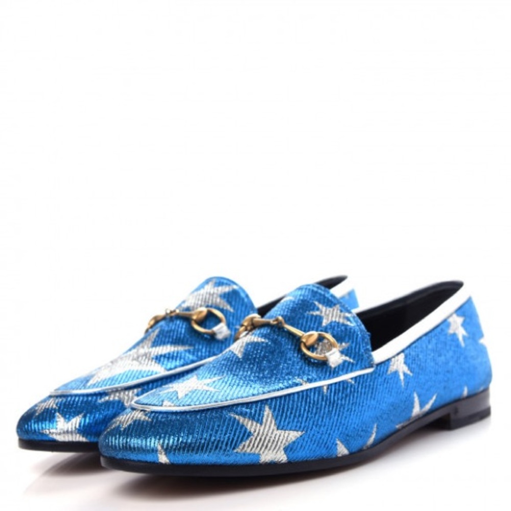 Lurex Calfskin Starry Sky Womens Jordaan Loafers 39 Bluette Silver GUCCI
